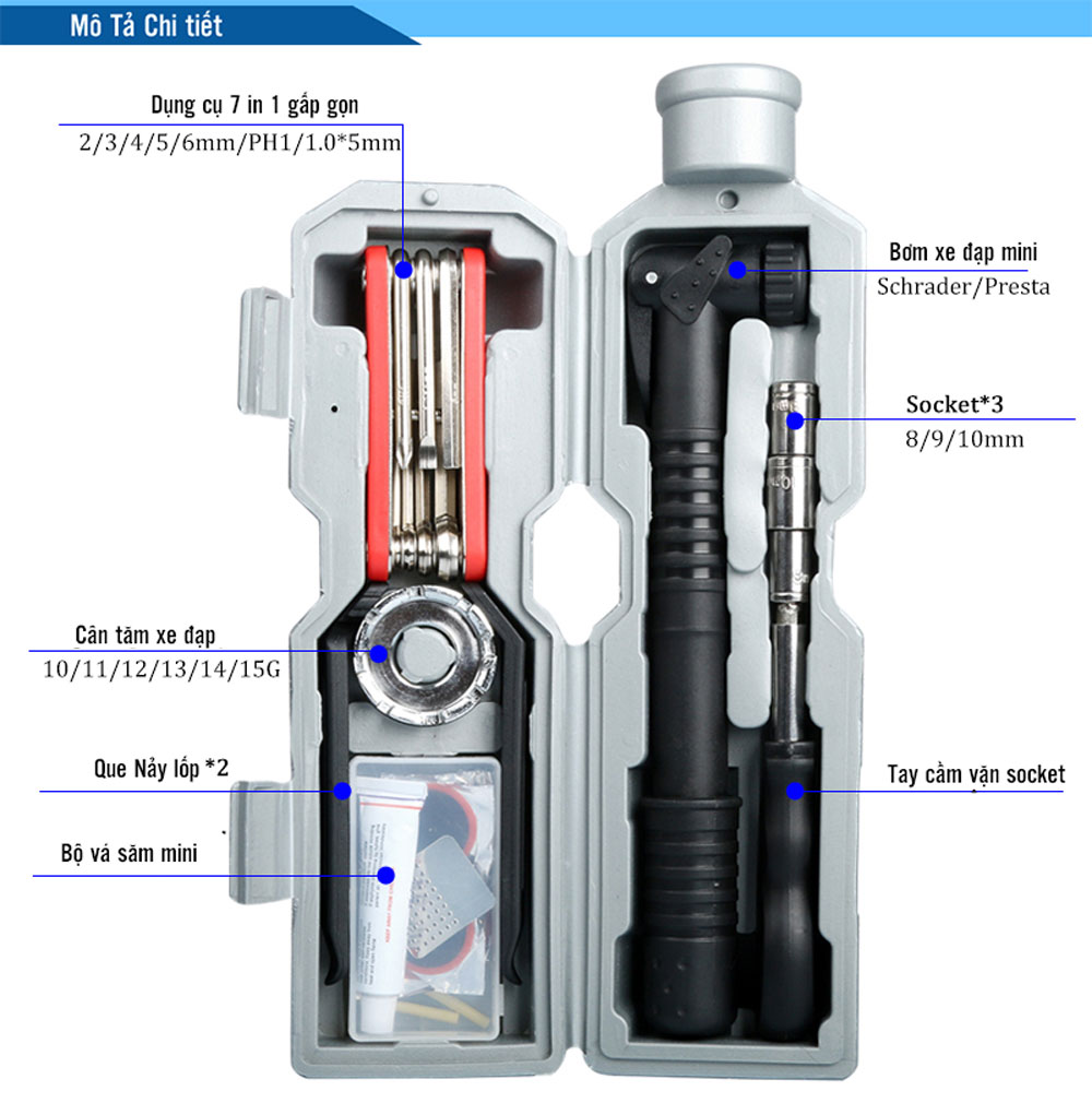 Bộ Dụng Cụ Sửa Chữa Xe Đạp Di Động Bơm Lốp Đa Năng Mini Và Vá Săm Xe Đạp Gắn Sườn Xe (Dạng Bình Nước) MaiLee