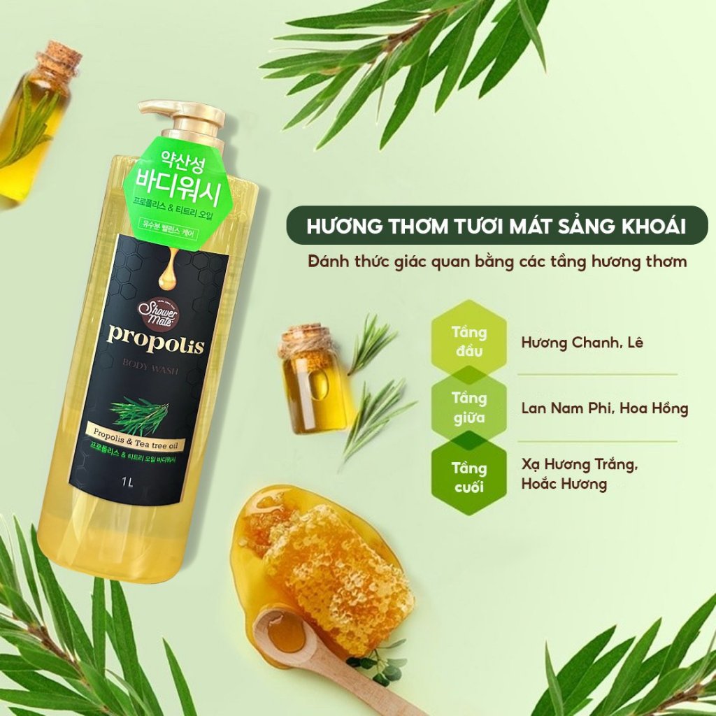 Sữa tắm keo ong sạch sâu, cân bằng độ ẩm, dưỡng da mềm mịn AEkyung showermate Honeyrop Propolis 1000ml