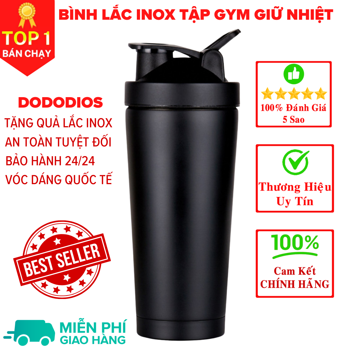 Hình ảnh [Loại Cao Cấp - Giữ Nhiệt - Inox 304] bình lắc gym, bình lắc shaker, bình nước thể thao inox giữ nhiệt + kèm quả lắc Lò Xo - Hàng chính hãng DoDoDios