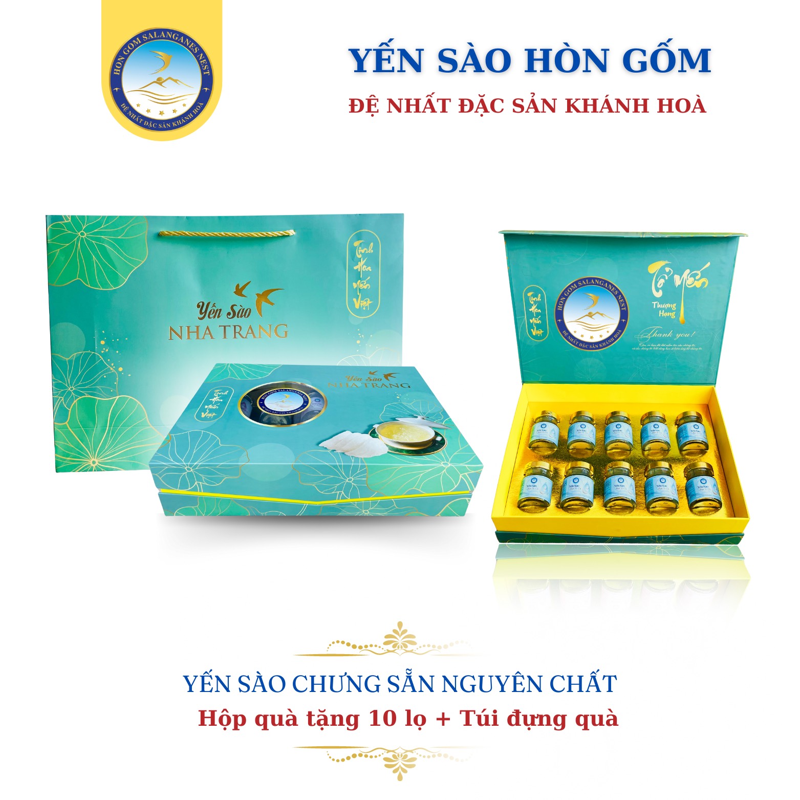 [Hộp quà tặng 10 lọ] Nước Yến Sào Sụn Vi Cá - Yến Sào Hòn Gốm Chính Hiệu Khánh Hoà - H G SALANGANES NEST 