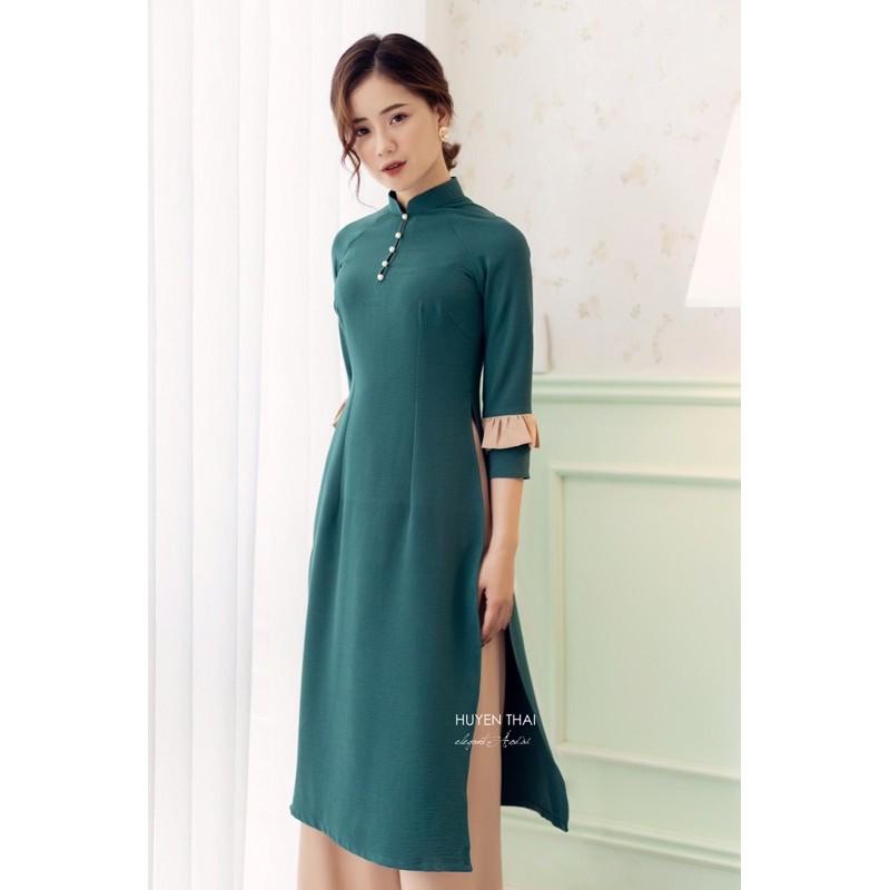 BỘ ÁO DÀI CÁCH TÂN MẪU HUYỀN THÁI/ CỔ VUÔNG V TAY LỠ CÚC BỌC VẢI CỰC SANG/ Áo Dài Hồng Hạnh