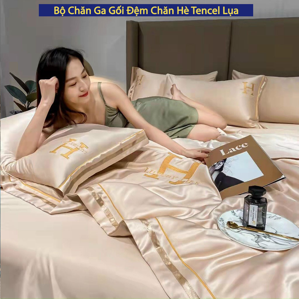 Bộ Chăn Ga Gối Nệm Đệm 5 Món Phi Lụa Chữ H Luxury Cao Cấp Bo Chun Drap Giường Chăn Chần Bông