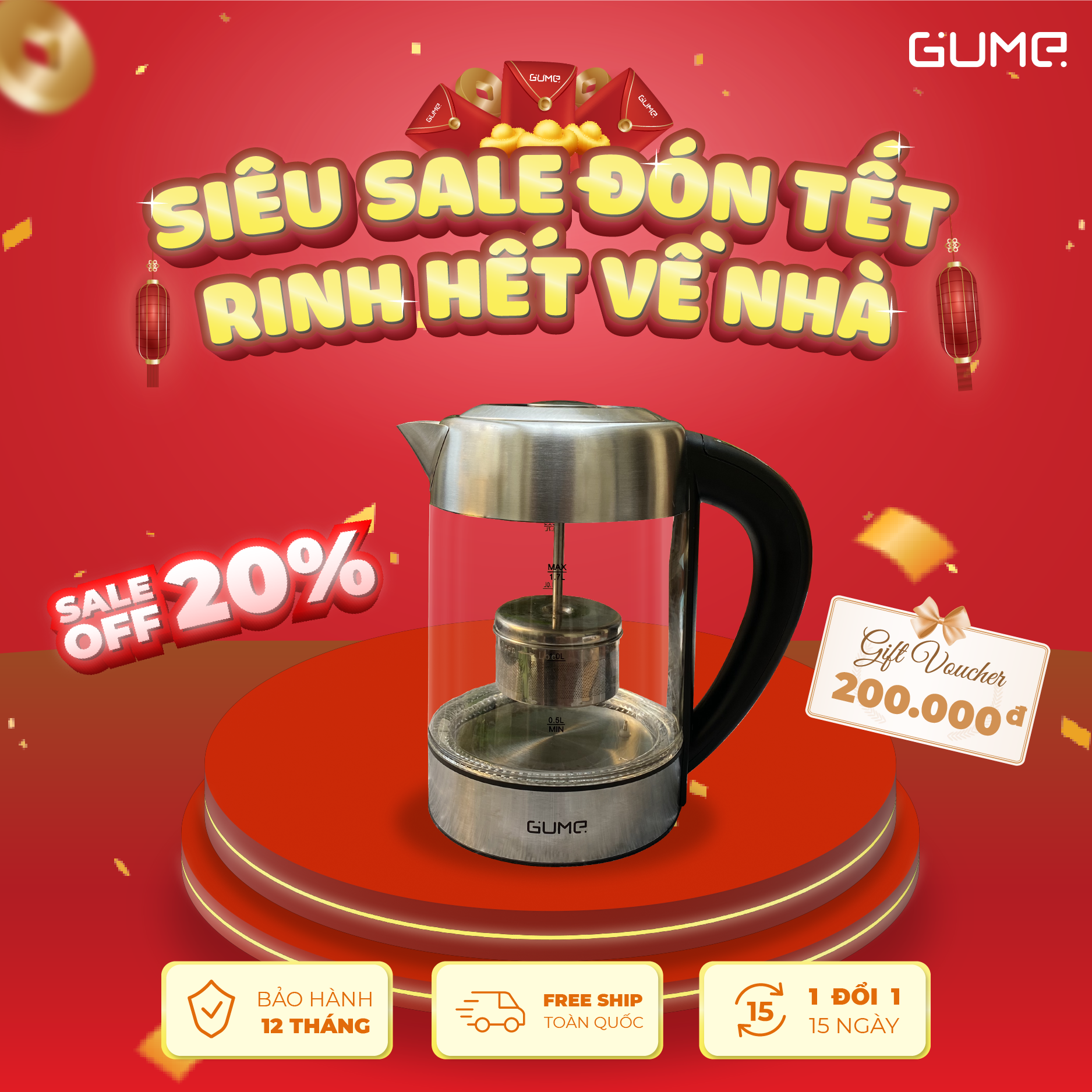 Bình Đun Siêu Tốc Khử Clo GUME Thủy Tinh 1.7L - GMK 2201 - Hàng Nhập Khẩu Hàn Quốc