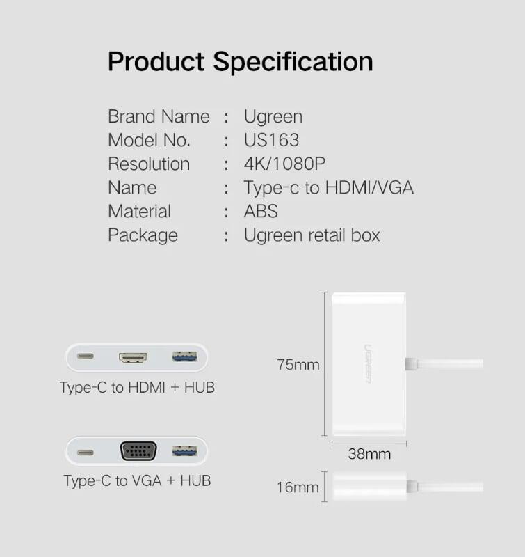 Ugreen UG30377US163TK Bộ chuyển đổi TYPE C sang USB 3.0 + HDMI + hỗ trợ nguồn TYPE C - HÀNG CHÍNH HÃNG