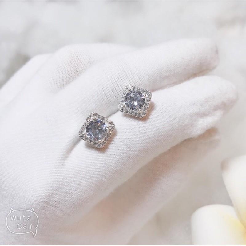 Bộ trang sức đính đá vuông trẻ trung 3 món dây chuyền-nhẫn-bông tai chất liệu bạc ta cao cấp sáng đẹp