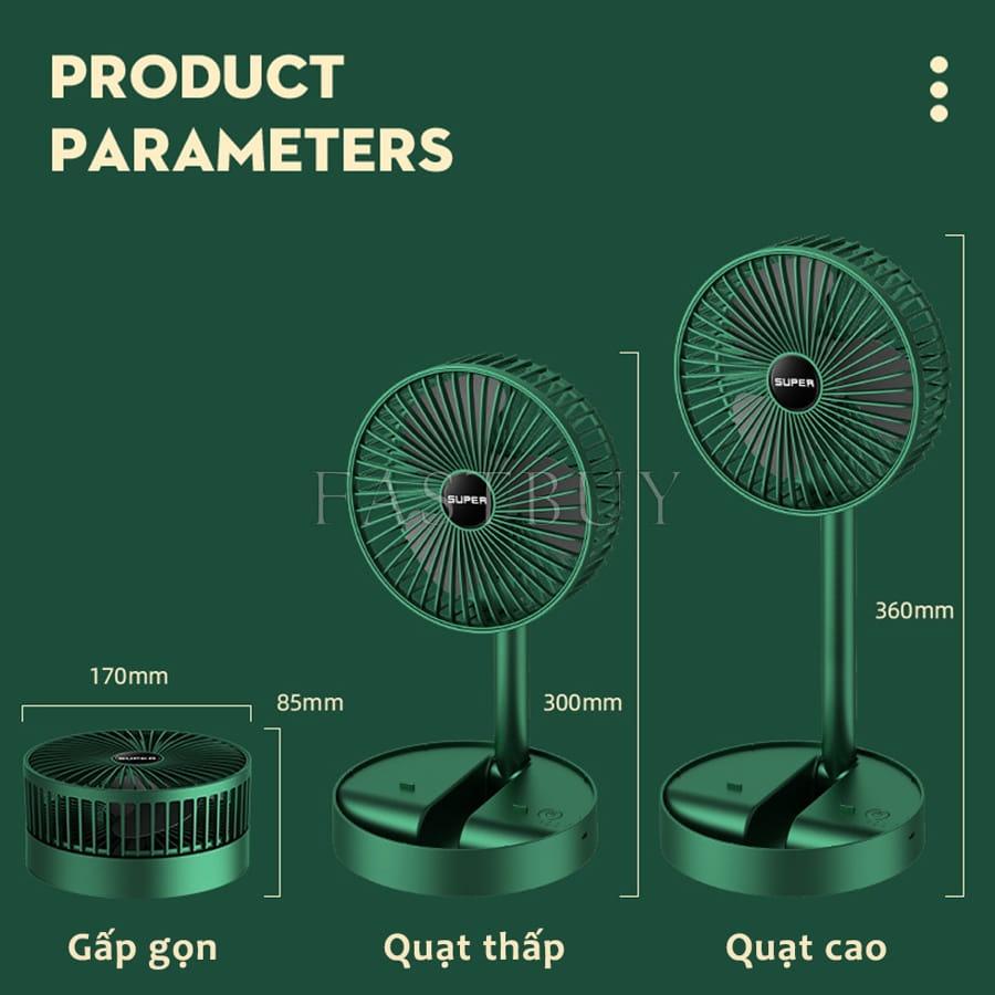 Quạt Tích Điện Để Bàn Gấp Gọn-3 Tốc Độ Gió, Có Thể Điều Chỉnh Độ Cao, Xoay 180 Độ, Cổng Sạc USB