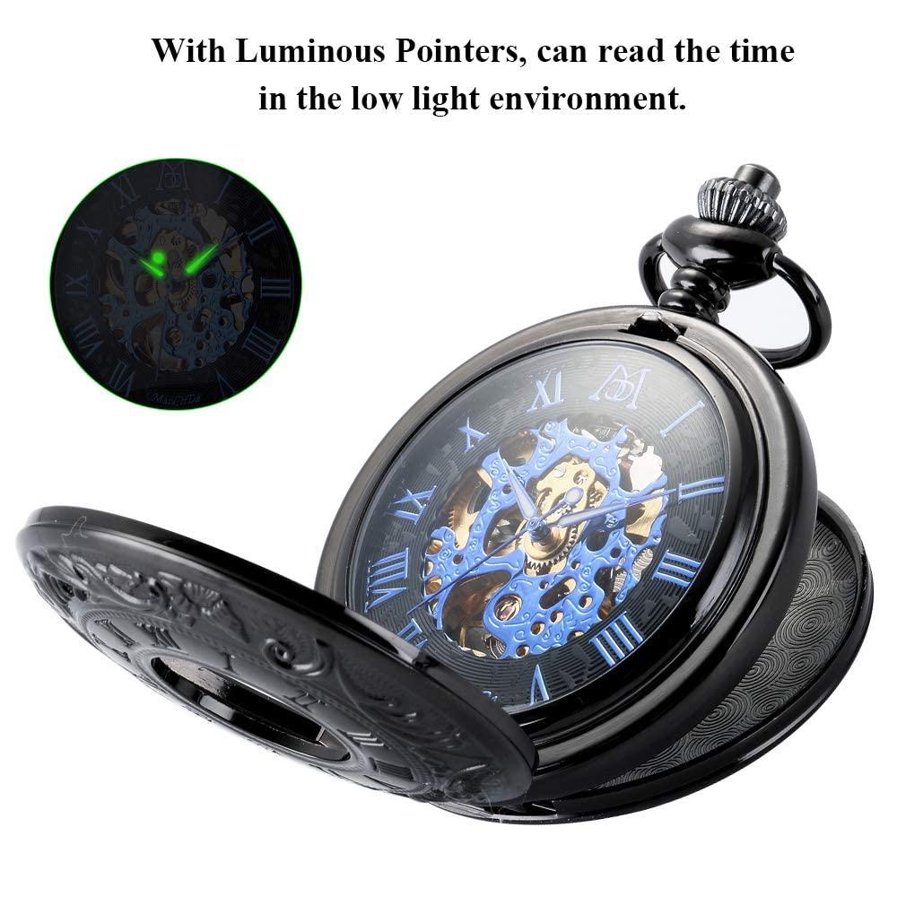 Đồng hồ Pocket - Khắc Skeleton Retro Dial COUND CƠ KHÍ CHO MEN Golden Movement với chuỗi đôi