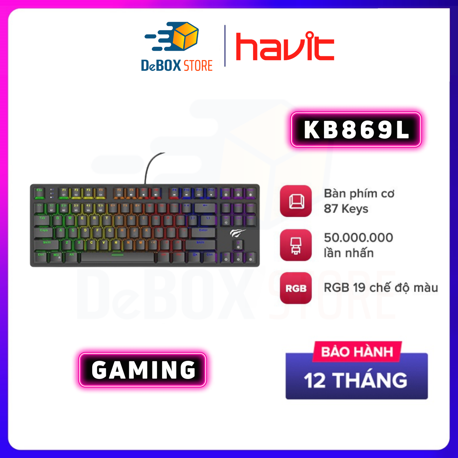 Bàn Phím Cơ Gaming HAVIT KB869L, 87 Keys, 19 Chế Độ RGB, Tuổi Thọ Phím 50.000.000 Lần - Hàng Chính Hãng