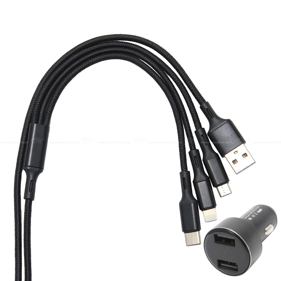 Bộ Sạc Điện Thoại 2 Cổng USB Và Cáp Sạc 3 Đầu Lightning/Micro USB/Type C CIND C74 Màu Đen