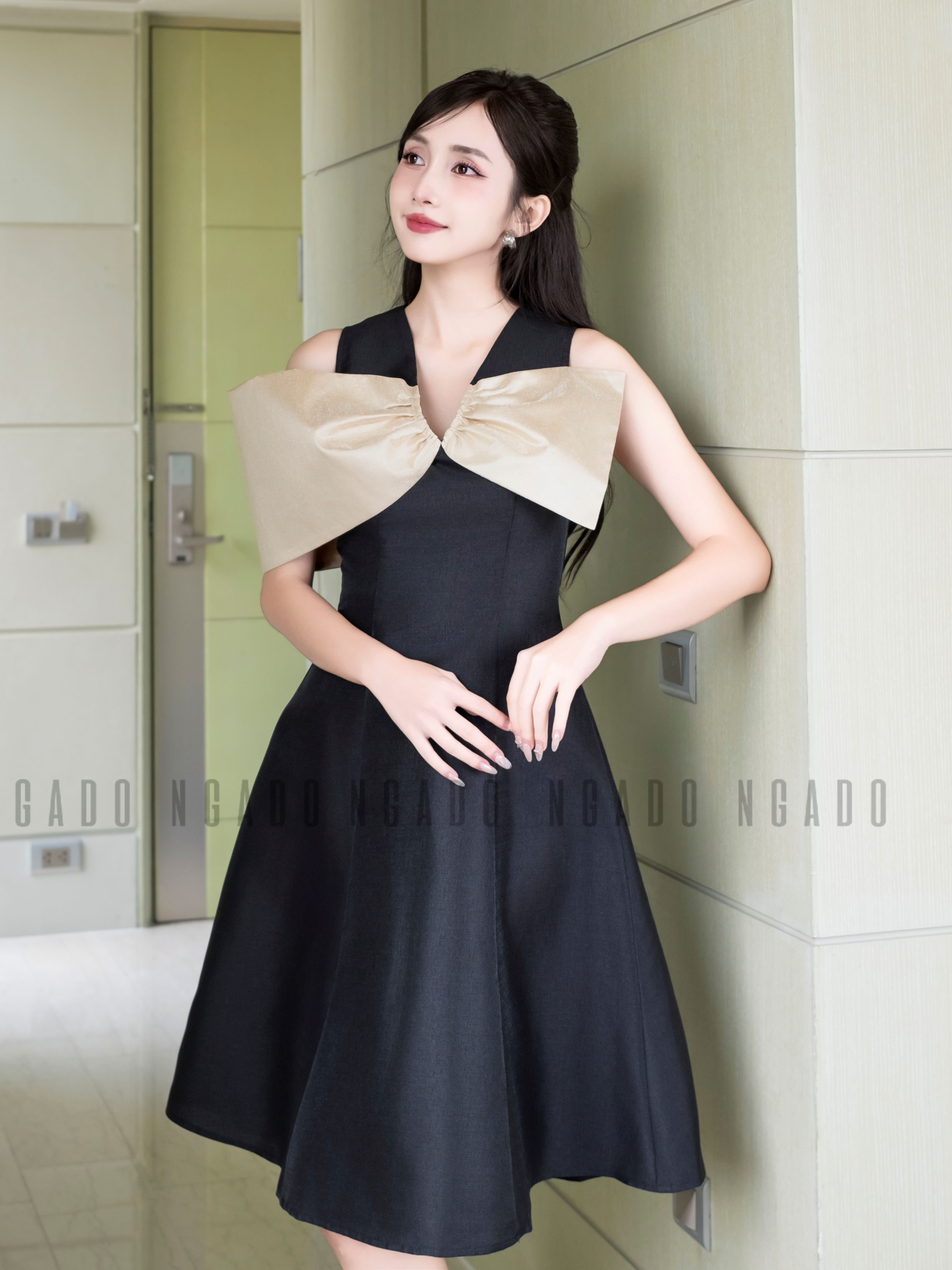 Đầm đen tay nơ NGADO , Đầm xòe , Đầm dự tiệc