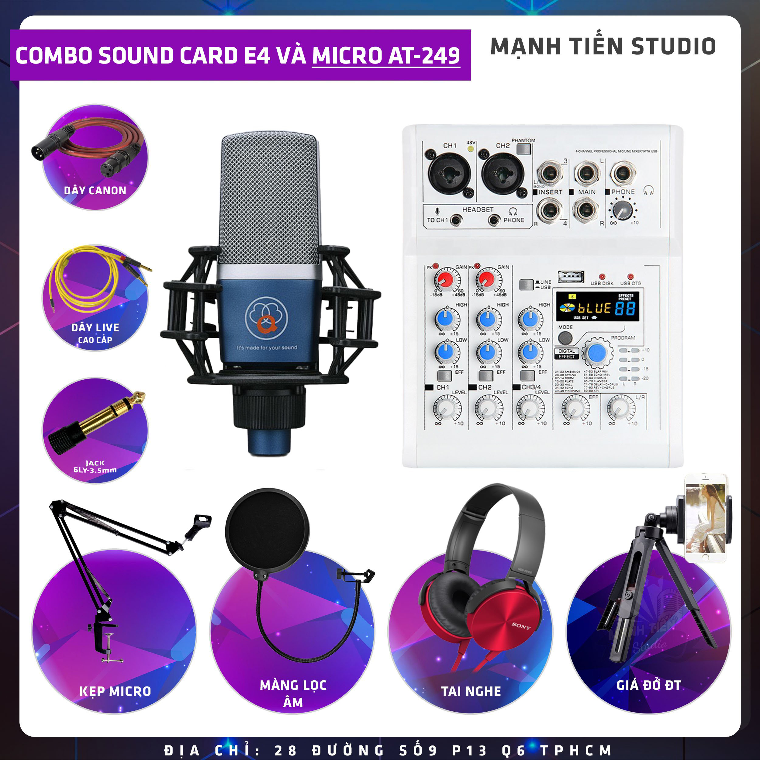 Combo thu âm, livestream Micro AQTA ALC-249, Mixer E4 - Kèm full phụ kiện kẹp micro, màng lọc, tai nghe, dây canon, dây livestream, giá đỡ ĐT - Hỗ trợ thu âm, karaoke online chuyên nghiệp - Hàng nhập khẩu