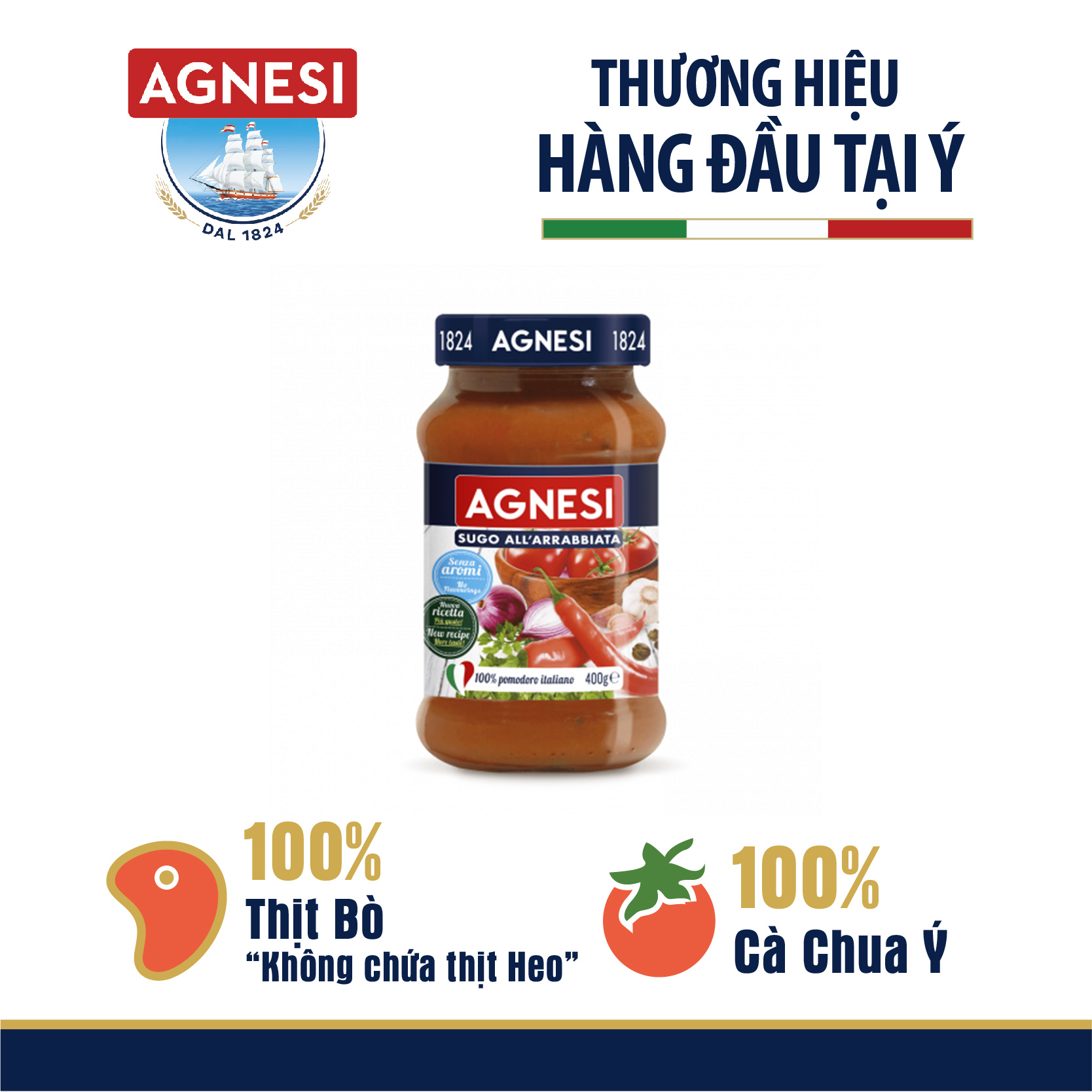 Sốt cà chua ớt Arrabbiata Agnesi 400g, với cà chua Ý và thịt bò