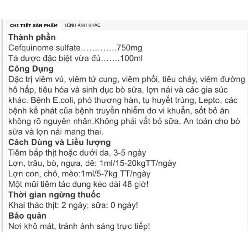 1 lọ CEF 750 100ml dùng cho viêm vú, viêm tử cung trên trâu bò lợn gà chó mèo trâu bò lợn gà