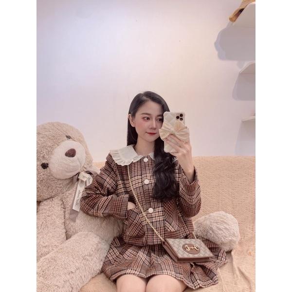 Set Dạ Kẻ Nâu Áo Dạ Mix Chân Váy Xếp Ly Có Ảnh Thật Kèm Video