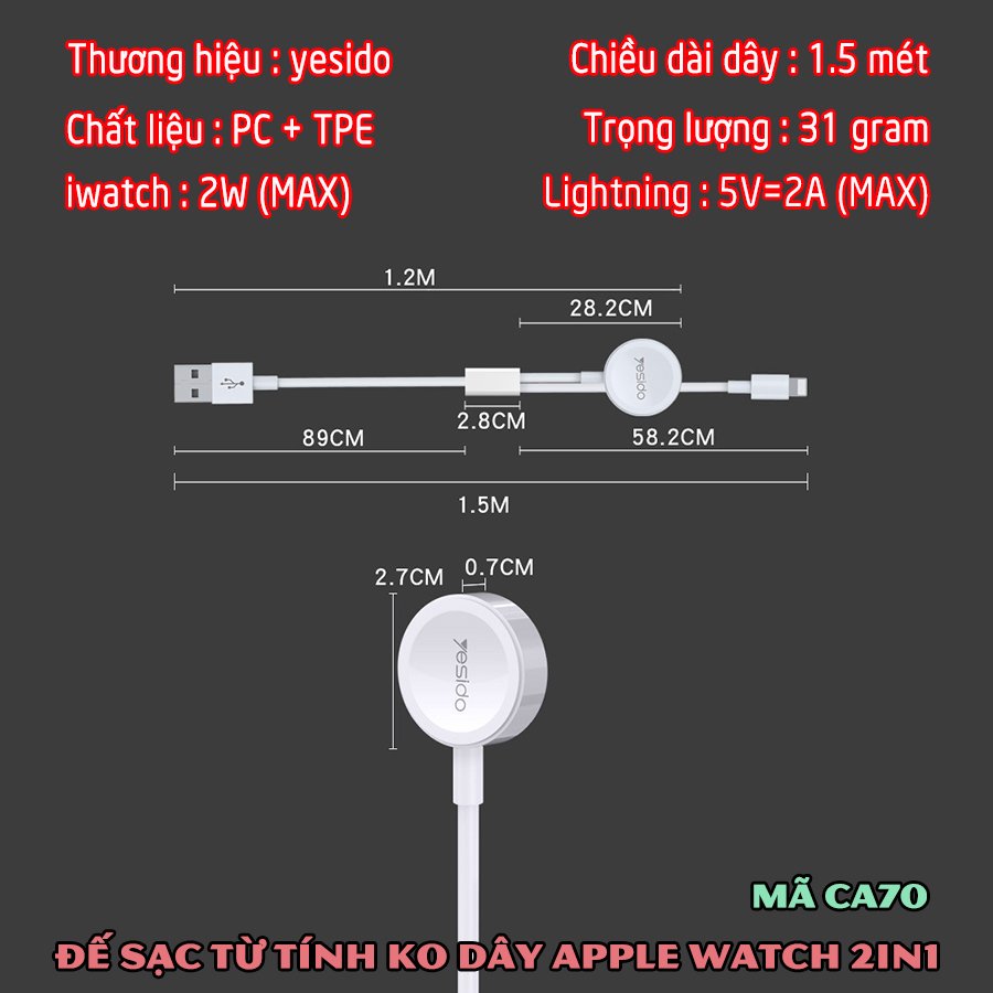 Đế sạc không dây dành cho đồng hồ thông minh - Dây cáp sạc nam châm dài 1.5 mét 2in1 chính hãng thương hiệu Yesido dành cho Apple Watch 1/2/3/4/5/6/Se_CA70