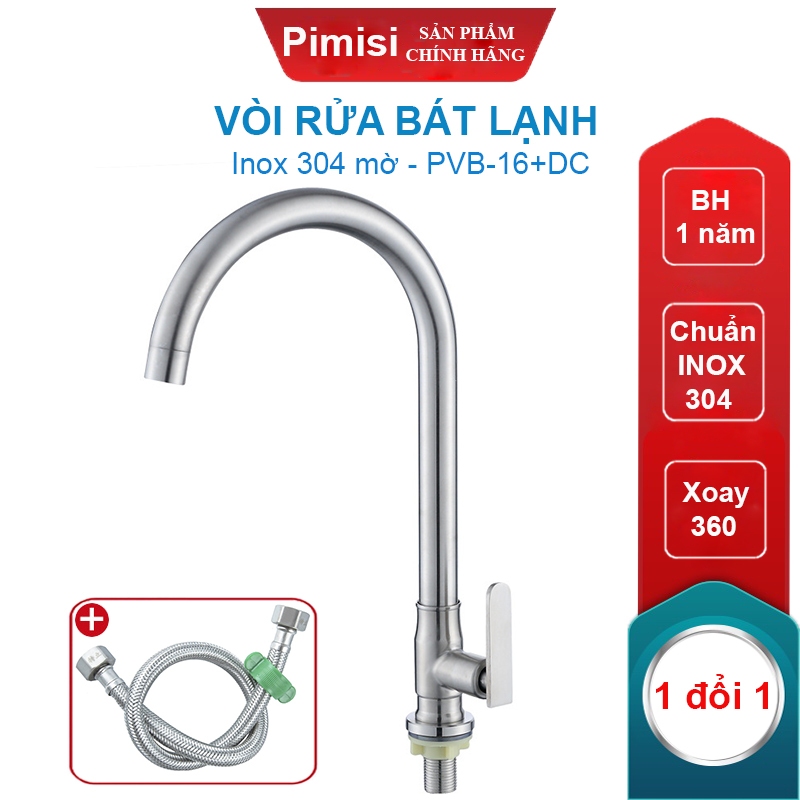 Vòi Rửa Bát Inox 304 Pimisi PVB-16+DC Đơn 1 Đường Nước Lạnh Gắn Chậu Rửa Chén Âm - Dương Bàn Đá Nhà Bếp | Chính Hãng