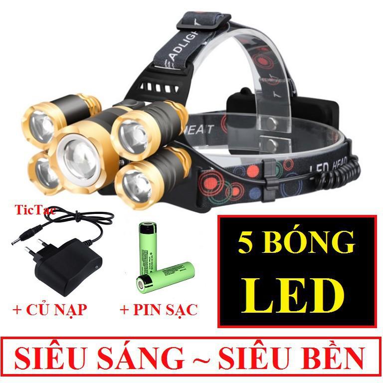 Đèn bin siêu sáng - Đèn pin đội đầu 5 bóng LED T6 gồm 3 chế độ sáng + Tặng kèm 2 pin sạc và củ sạc