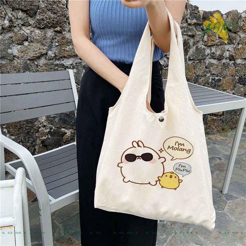 TOTE CANVAS friend molang FORM TRÒN TÚI VẢI ĐEO VAI BAG NÚT BẤM SIZE LỚN AOMIVN DU LỊCH DẠO PHỐ CÁ TÍNH