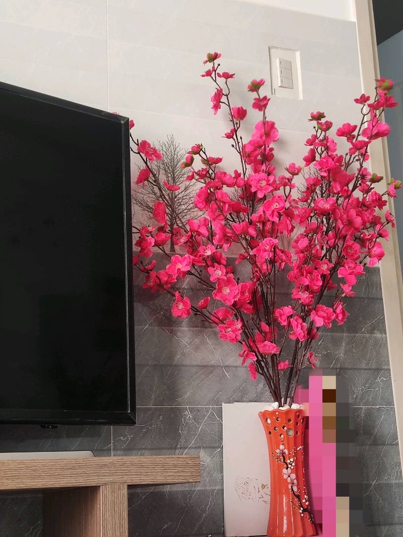 Cành hoa đào, hoa mai giả - Chiều dài 100 cm - Cành 5 nhánh - Cây giả, hoa lụa decor trang trí Tết