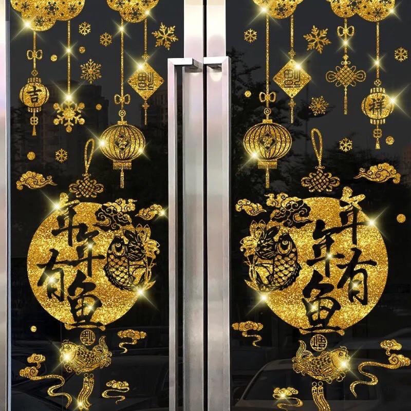 Decal tết DÁN CỬA LỚN NHŨ KIM TUYẾN - Rèm lồng đèn phối cặp dây hỷ cá chép