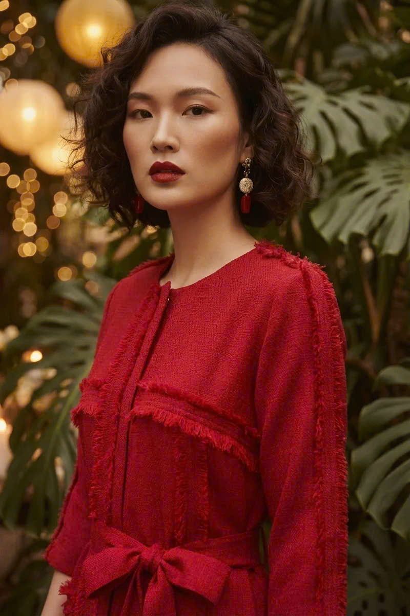 Đầm Suông Tua Rua Tweed Đỏ, Đầm Suông Thắt Eo Thanh Minh thời trang thiết kế Hity Dre201