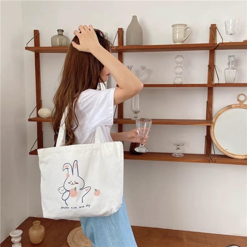 Túi Tote Túi Vải Canvas đeo vai Hình thú phong cách Hàn Quốc Cute có dây kéo và ngăn phụ