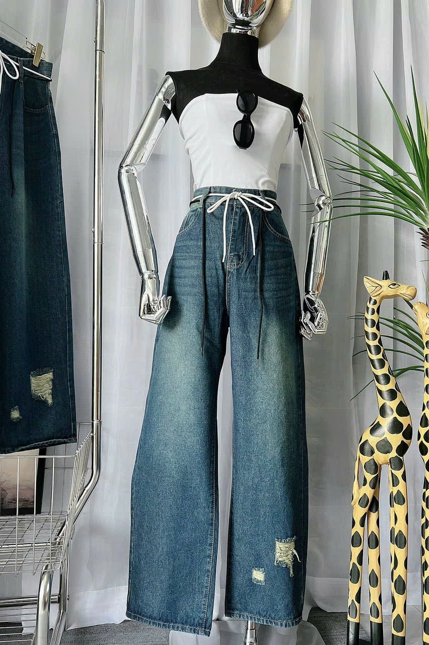 [Quần size đại] Quần jean nữ ống suông lưng cao, quần baggy jean nữ lưng bản to rút dây eo thời trang