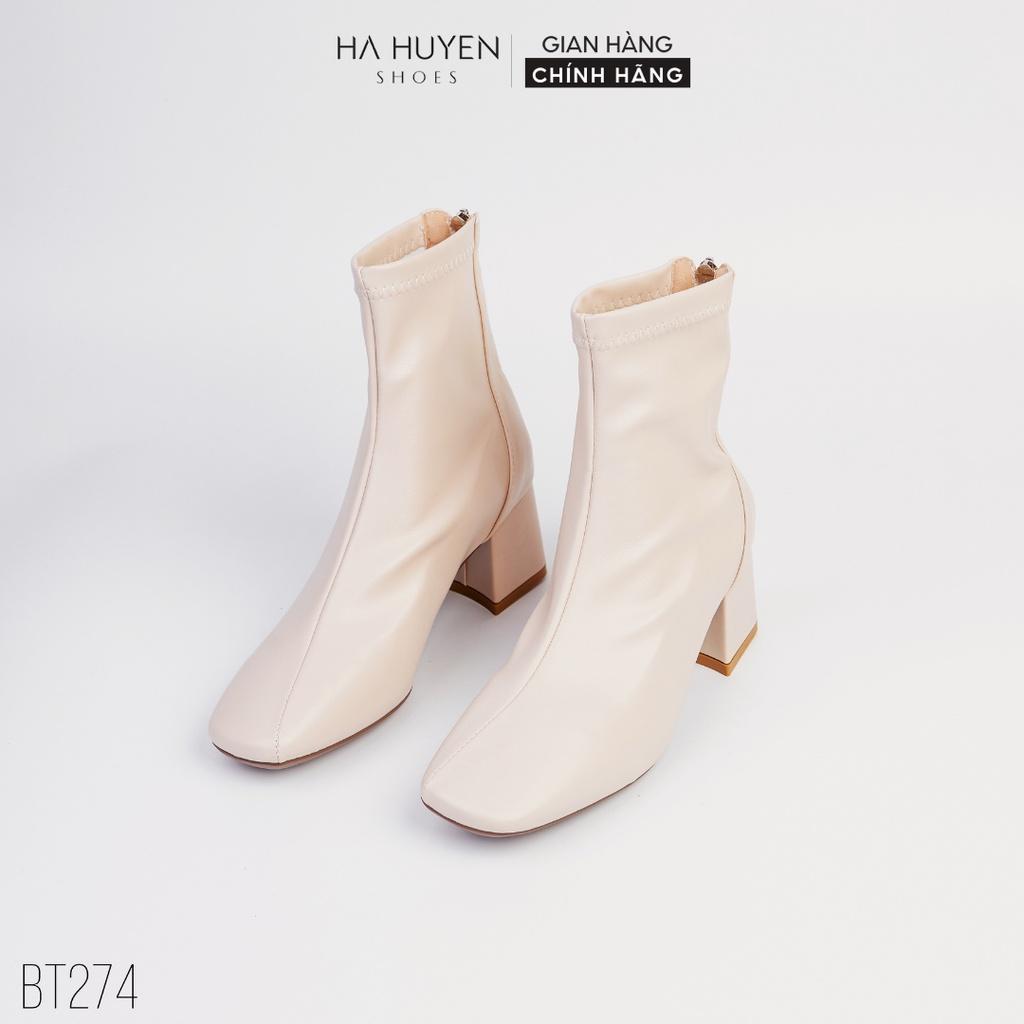 Giày bốt nữ Hà Huyền Shoes boot da lì mũi vuông chỉ lệch khóa sau gót vuông 5 phân - BT274