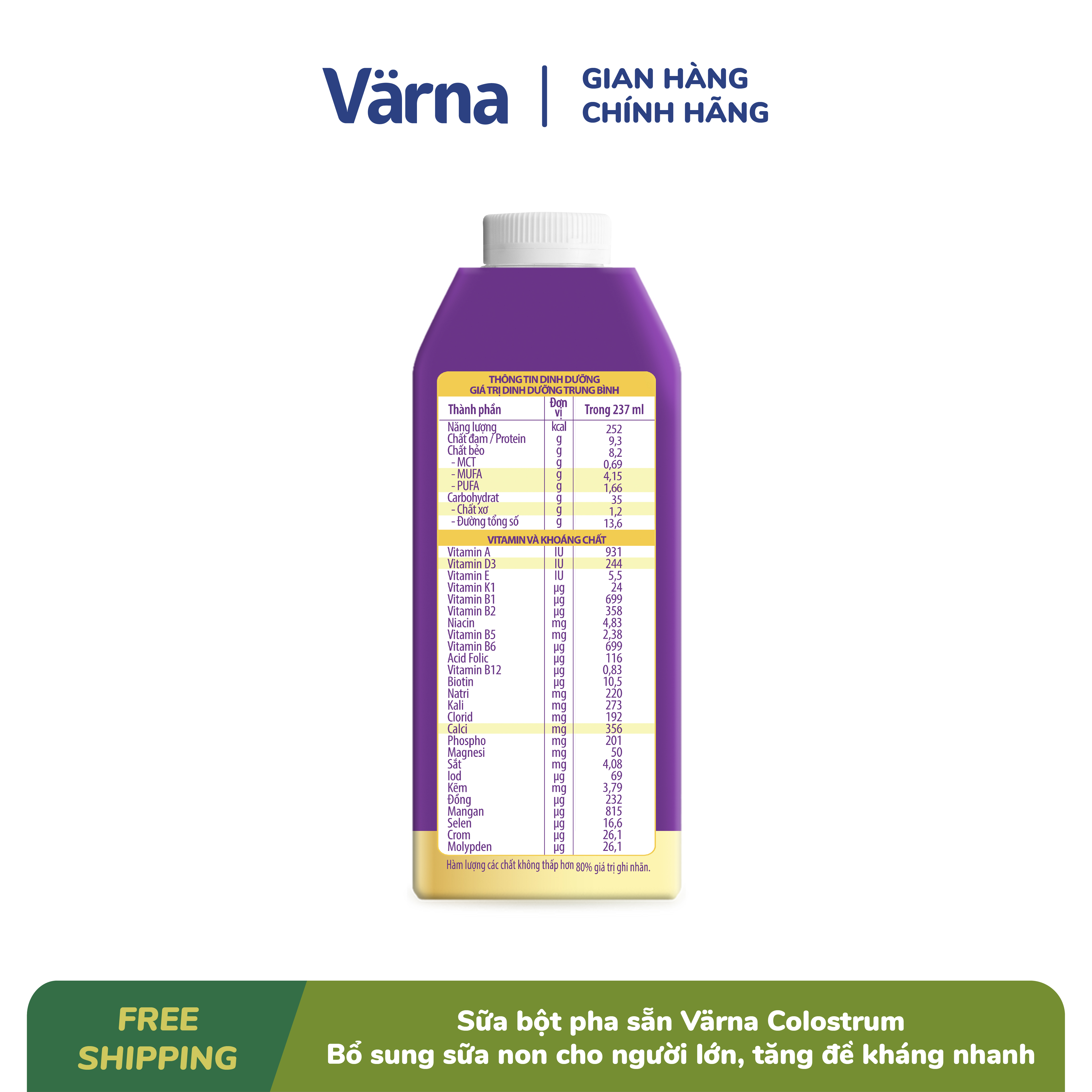 Thùng Sản phẩm dinh dưỡng pha sẵn Värna Colostrum (12 hộp x 237ml) (Hộp giấy) - Bổ sung sữa non, Tăng đề kháng nhanh