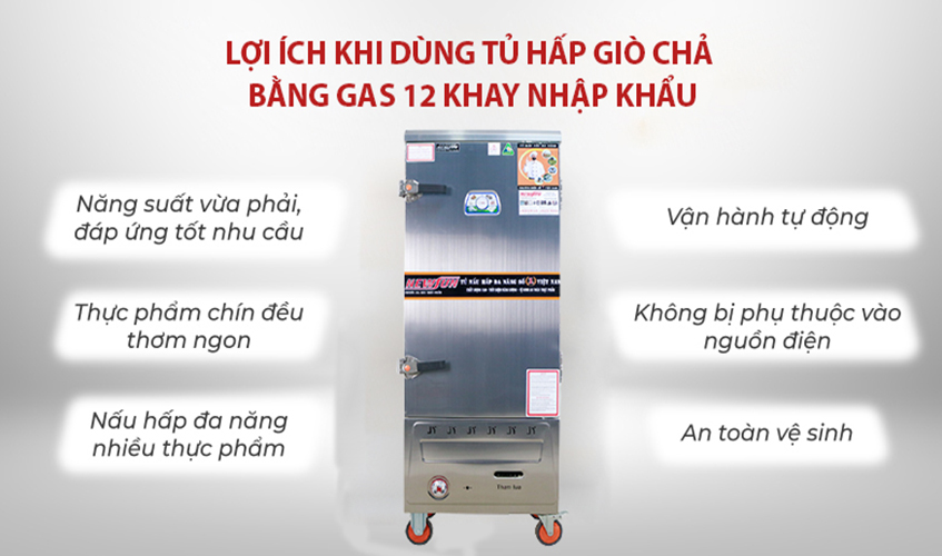 Tủ Hấp Giò Chả, Thực Phẩm 60 Kg Bằng Gas 12 Khay Nhập Khẩu NEWSUN - Hàng Chính Hãng