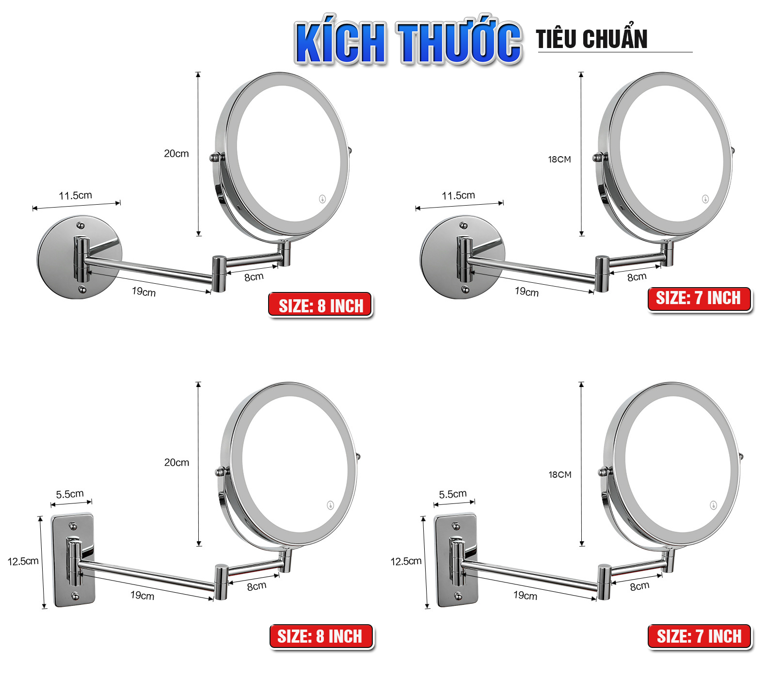 Gương trang điểm đèn LED phóng đại 3 lần, xoay 360 độ, 2 mặt siêu nét, treo tường phòng tắm, phòng ngủ, Khách sạn, resort, Inox SUS 304, thép không gỉ Size 15cm, 18cm, 20cm, Minh House GL32