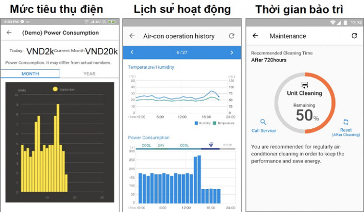 Kiểm soát lượng điện tiêu thụ, theo dõi quá trình hoạt động, thời gian cần vệ sinh máy Kiểm soát lượng điện tiêu thụ, theo dõi quá trình hoạt động, thời gian cần vệ sinh máy