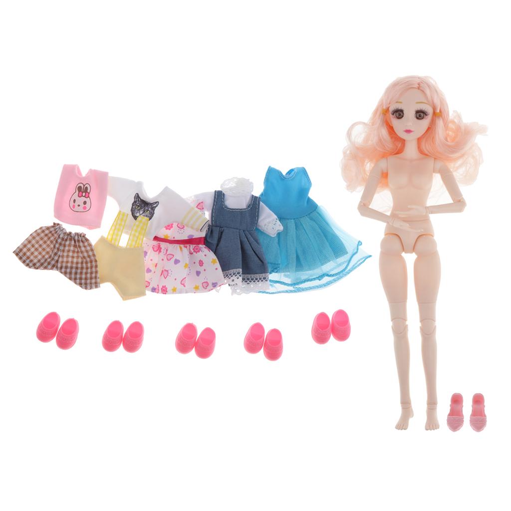 36cm Ball Jointed Doll Body DIY Parts White Skin Pink Hair W/ 5 Set Clothes