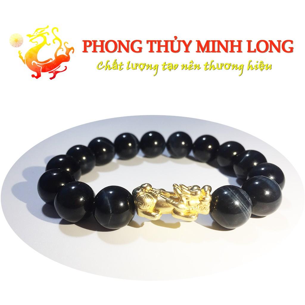 Vòng tay đá mắt hổ Chim Ưng xanh đen chất lượng 5A mix Tỳ Hưu Vàng hợp mệnh Thủy và Mộc