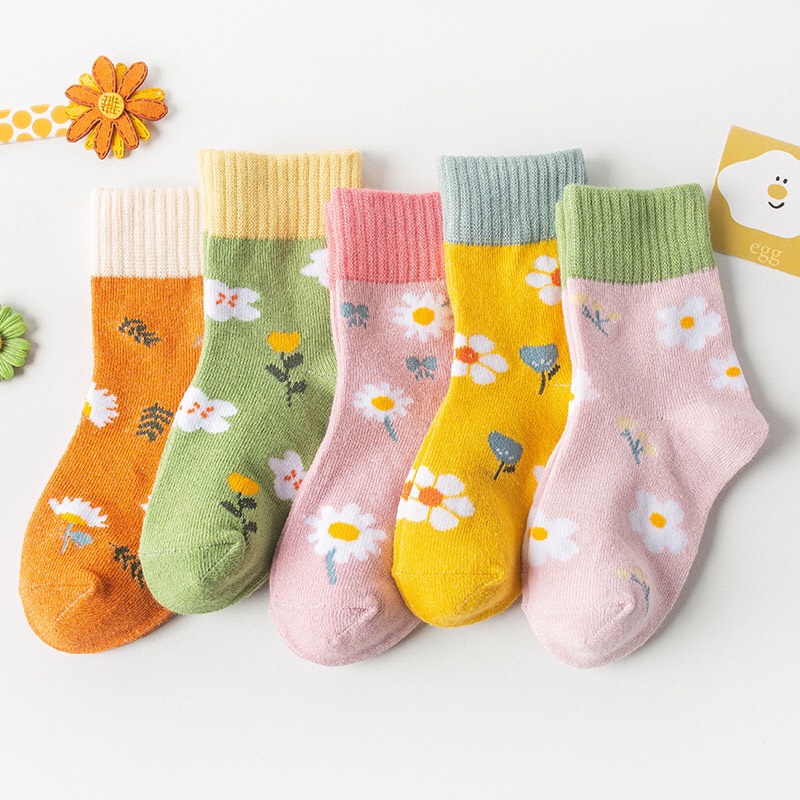 Set 5 đôi tất vớ cotton len họa tiết bông hoa thời trang cho trẻ em bé gái từ 1-9 tuổi