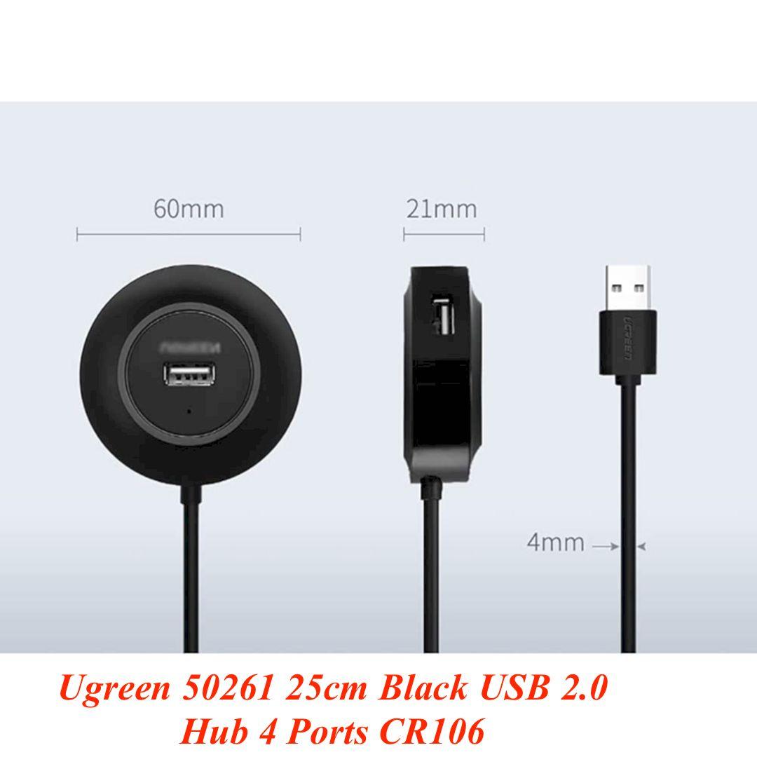 Ugreen UG50261CR106TK 25CM Màu Đen Bộ chia Hub USB 2.0 sang 4 cổng USB 2.0 hổ trợ cổng nguồn Micro USB - HÀNG CHÍNH HÃNG