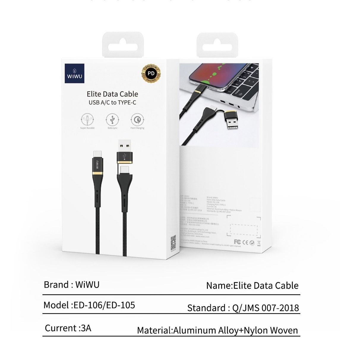 Dây cáp sạc Type-C đa năng USB-C + USB-A ra Type C hiệu WIWU ED-106 sạc nhanh QC 3.0, tốc độ truyền dữ liệu 480Mbps, 2 input tiện dụng (USB-C và USB-A), Chip sạc thông minh - Hàng nhập khẩu