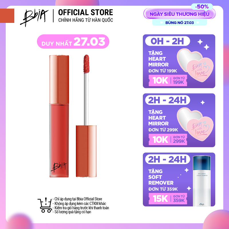 Son kem lì Bbia Last Velvet Lip Tint - 17 More Pleasant 5g (Màu cam san hô)