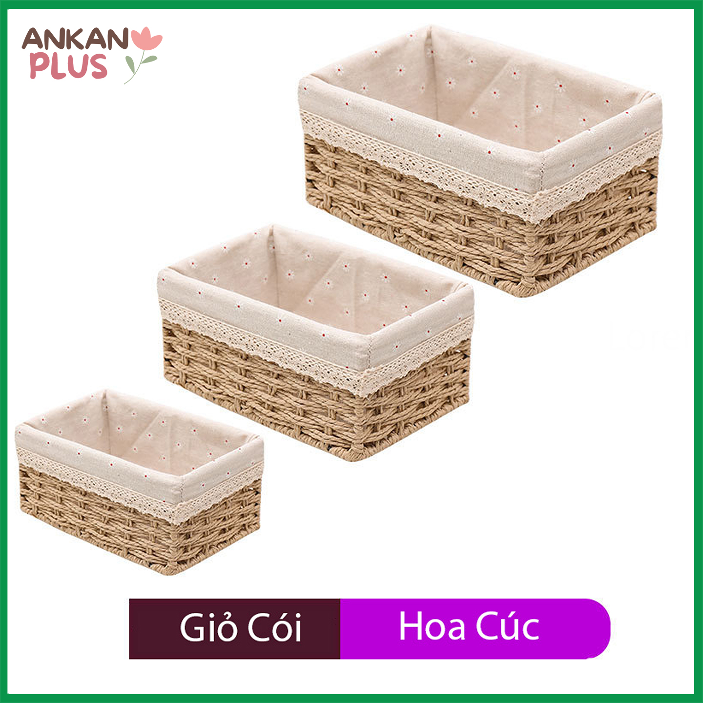 Giỏ Cói, Rổ Cói Vintage Có Vải Lót Hình Chữ Nhật  - Phù Hợp Để Phòng Khách, Đựng Đồ Trang Tri Bàn Làm Việc Gọn Gàng Xinh Xắn