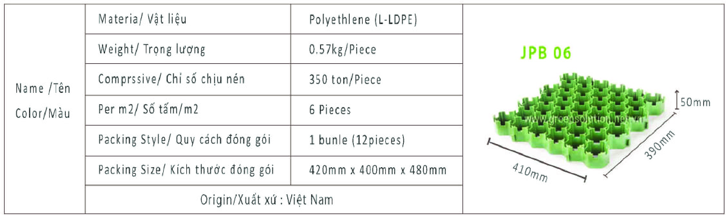 Tấm trồng cỏ, rải sỏi chịu lực [JPB-06]: Dùng cho khu vực đỗ xe, đi lại sân vườn, sân golf, chống sói mòn taluy...