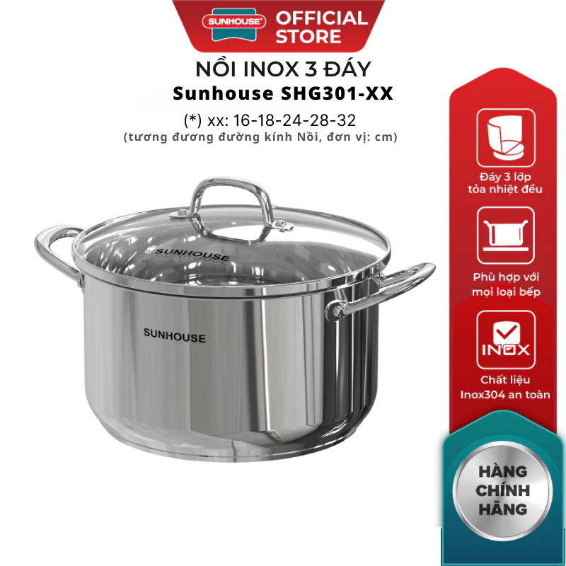 Nồi Inox 3 Đáy Sunhouse SHG301 ( Dùng cho mọi loại bếp)