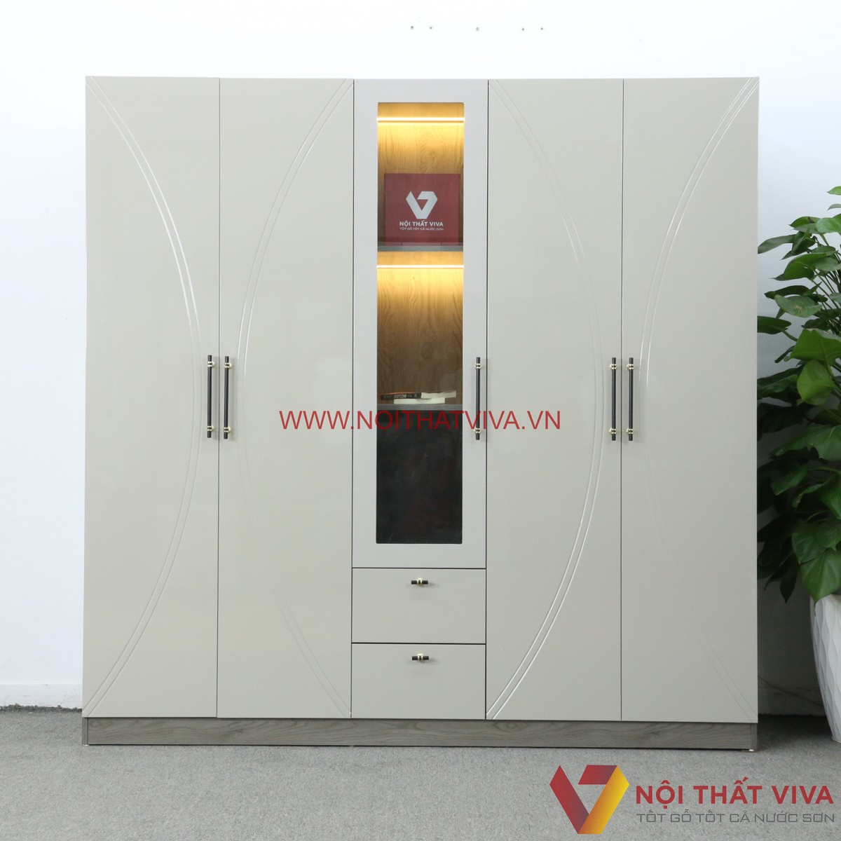 Tủ Quần Áo Thông Minh Hiện Đại 5 Cánh Sơn 2K Màu Xám Chạm Hoạ Tiết Đẹp