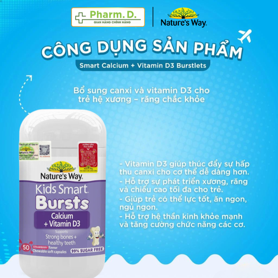 Kẹo Dẻo Vitamin NATURE'S WAY Kids Smart Bones Teeth Health Bổ Sung Canxi Và Vitamin D3 (Hộp 50 Viên)