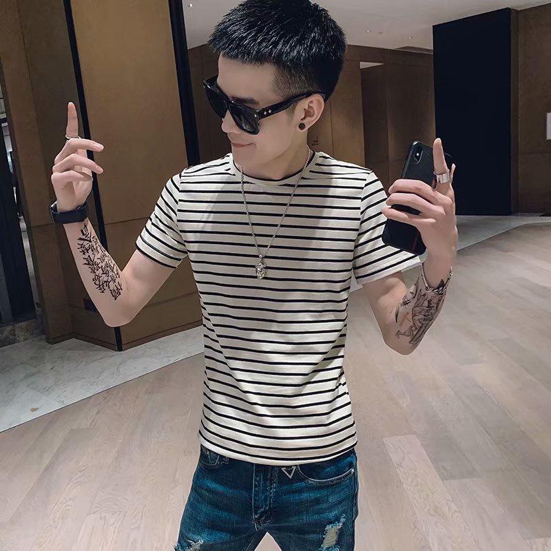 Short Sleeve T-Shirt summer new stripe short sleeve boys Korean fashion boys slim fashion brand half sleeve ins casual T-shirt bottomed thin