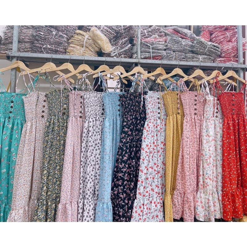 Đầm maxi hai dây cột vai đi biển đi dạo hoa nhí phối nút gỗ hình thật đủ màu siêu đẹp