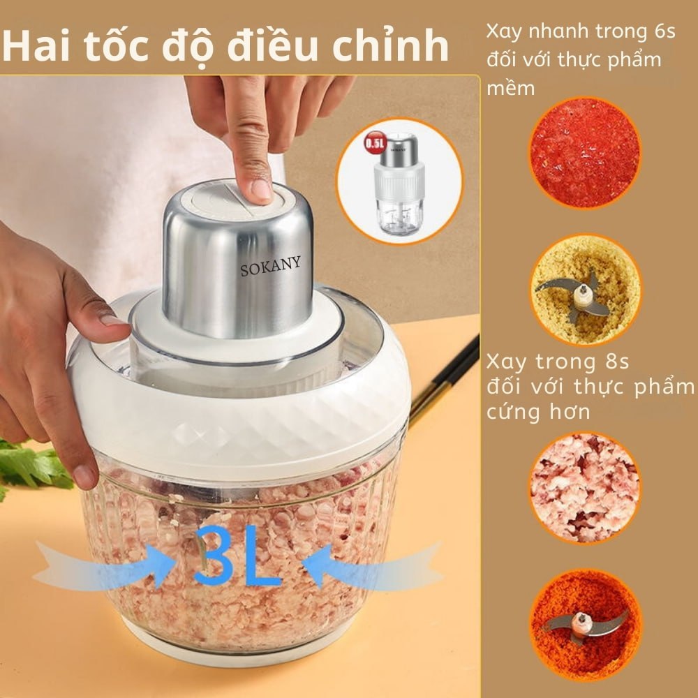 Máy xay thịt, máy xay tỏi ớt đa năng 2IN1 SOKANY SK-06008 công suất cao 800W xay nhuyễn thực phẩm, dung tích 3L - HÀNG CHÍNH HÃNG - DELIYA