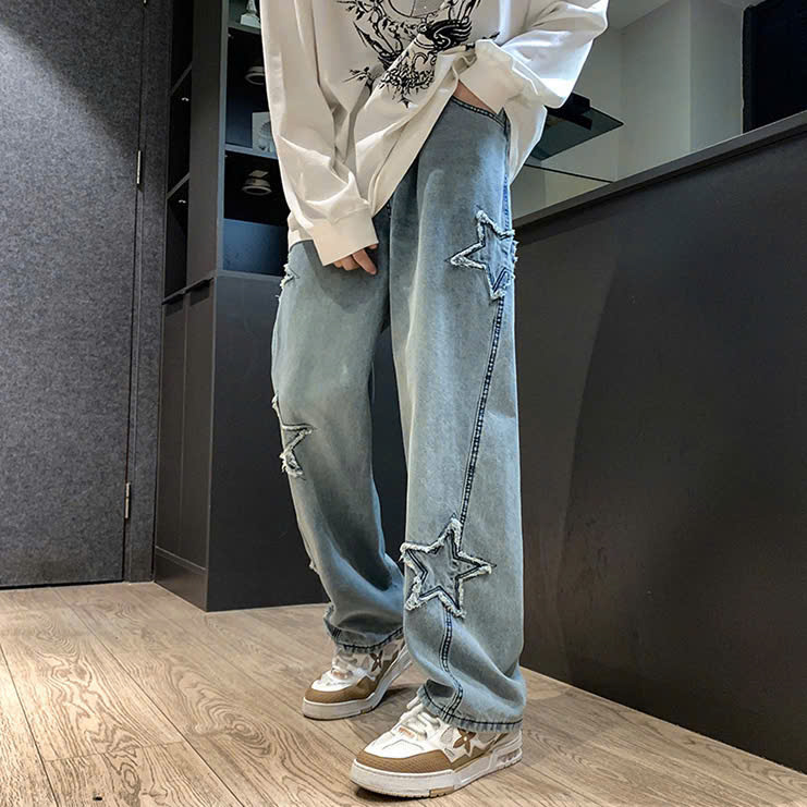 Quần jean ống rộng nam nữ 2N Unisex hình ngôi sao Q10