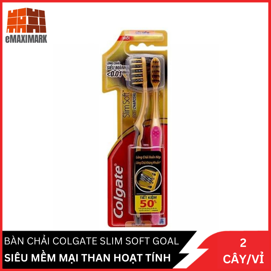 Bàn chải đánh răng Colgate Slim Soft Gold Charcoal than hoạt tính siêu mềm mại 2 cây/bộ