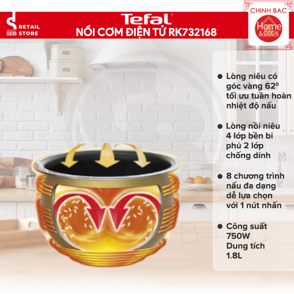 Nồi cơm điện tử Tefal RK732168, Dung tích 1.8L, Công suất 750W - Hàng chính hãng