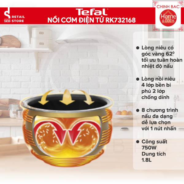 Nồi cơm điện tử Tefal RK732168, Dung tích 1.8L, Công suất 750W -  Hàng chính hãng